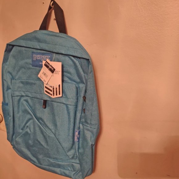 NWT Nylon School Backpack Turquoise Zippered Front and side Mesh Pockets - Picture 2 of 5